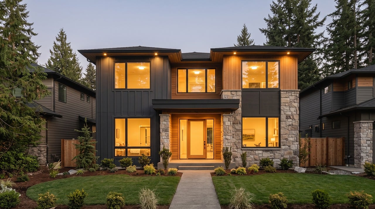 A family house on a quiet street at dusk with its windows lit